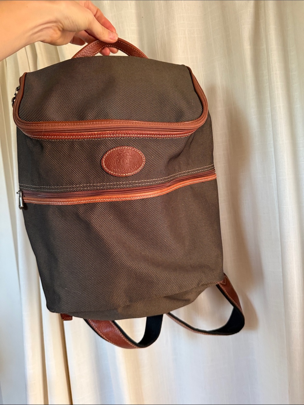 Vintage Longchamp Classic Brown Nylon Backpack with Leather Trim